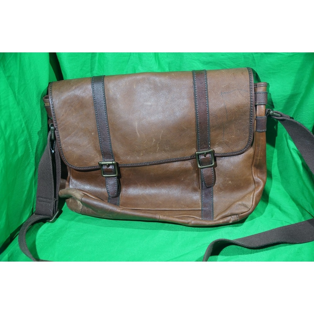 Fossil Mens Leather Briefcase Messenger Bag Brown Laptop Shoulder Strap